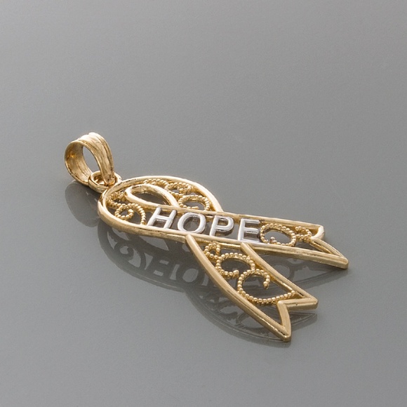 14k Two-Tone Yellow with White Rhodium Gold Filigree Hope Ribbon Necklace Charm - Picture 4 of 9
